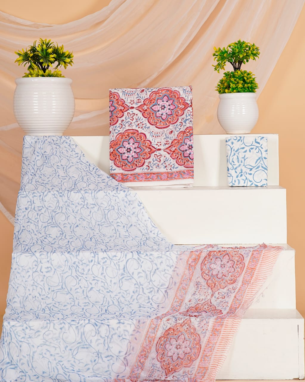 Hand Block Printed Pure Cotton Unstitched Suit With Chiffon Dupatta
