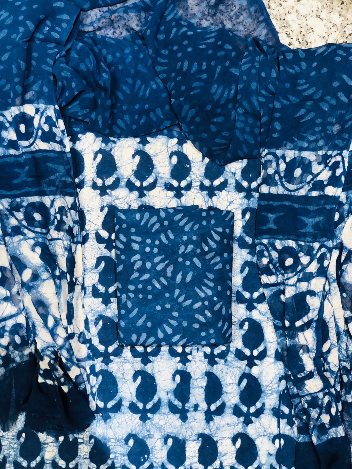 (INDIGO) Hand Block Printed Pure Cotton Unstitched Suit With Chiffon Dupatta