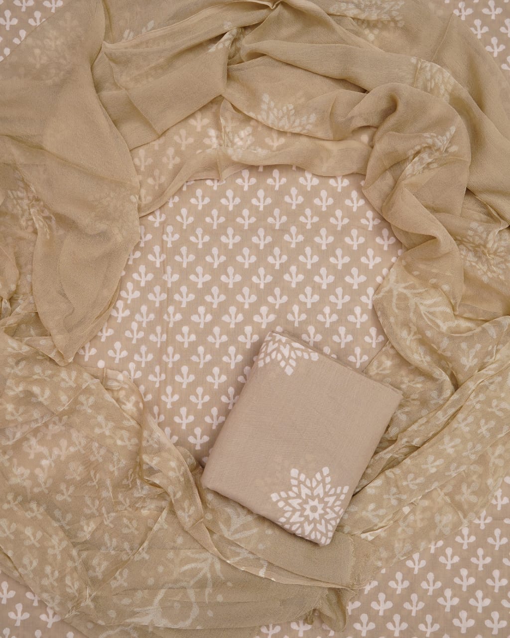 Hand Block Printed Pure Cotton Unstitched Suit With Chiffon Dupatta