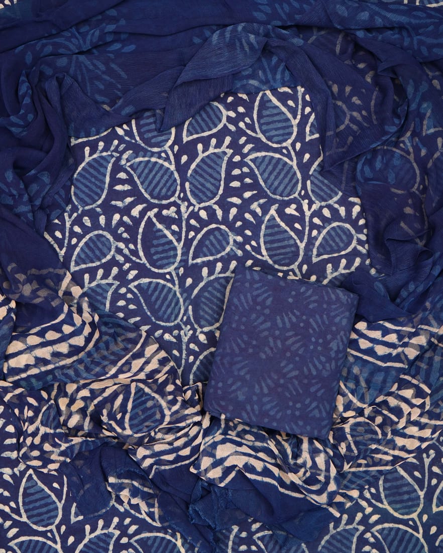 (INDIGO) Hand Block Printed Pure Cotton Unstitched Suit With Chiffon Dupatta