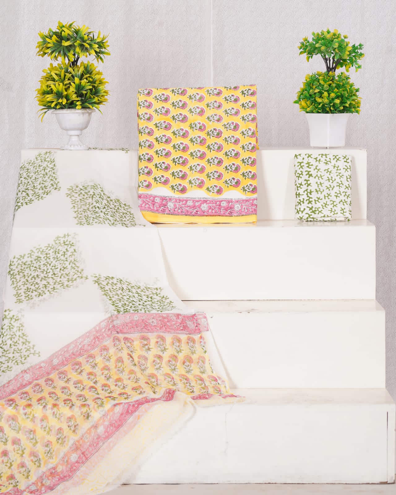 Hand Block Printed Pure Cotton Unstitched Suit With Chiffon Dupatta