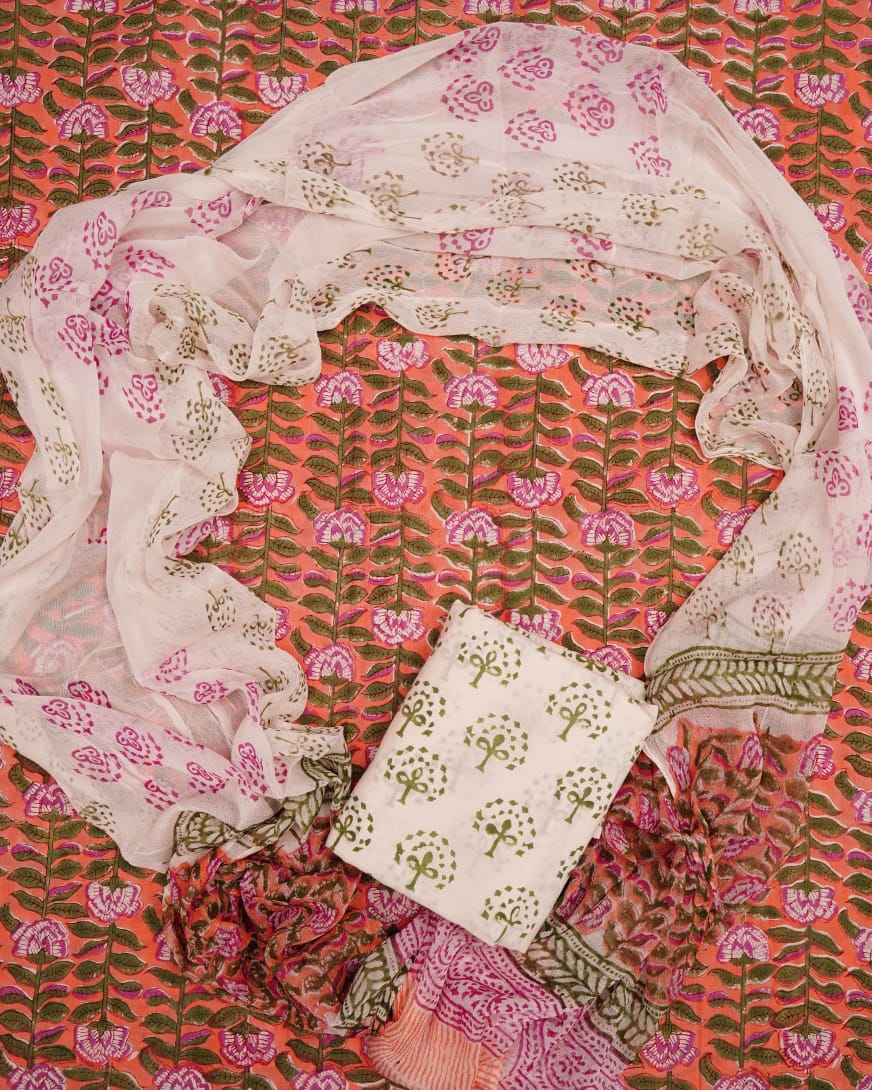 Hand Block Printed Pure Cotton Unstitched Suit With Chiffon Dupatta