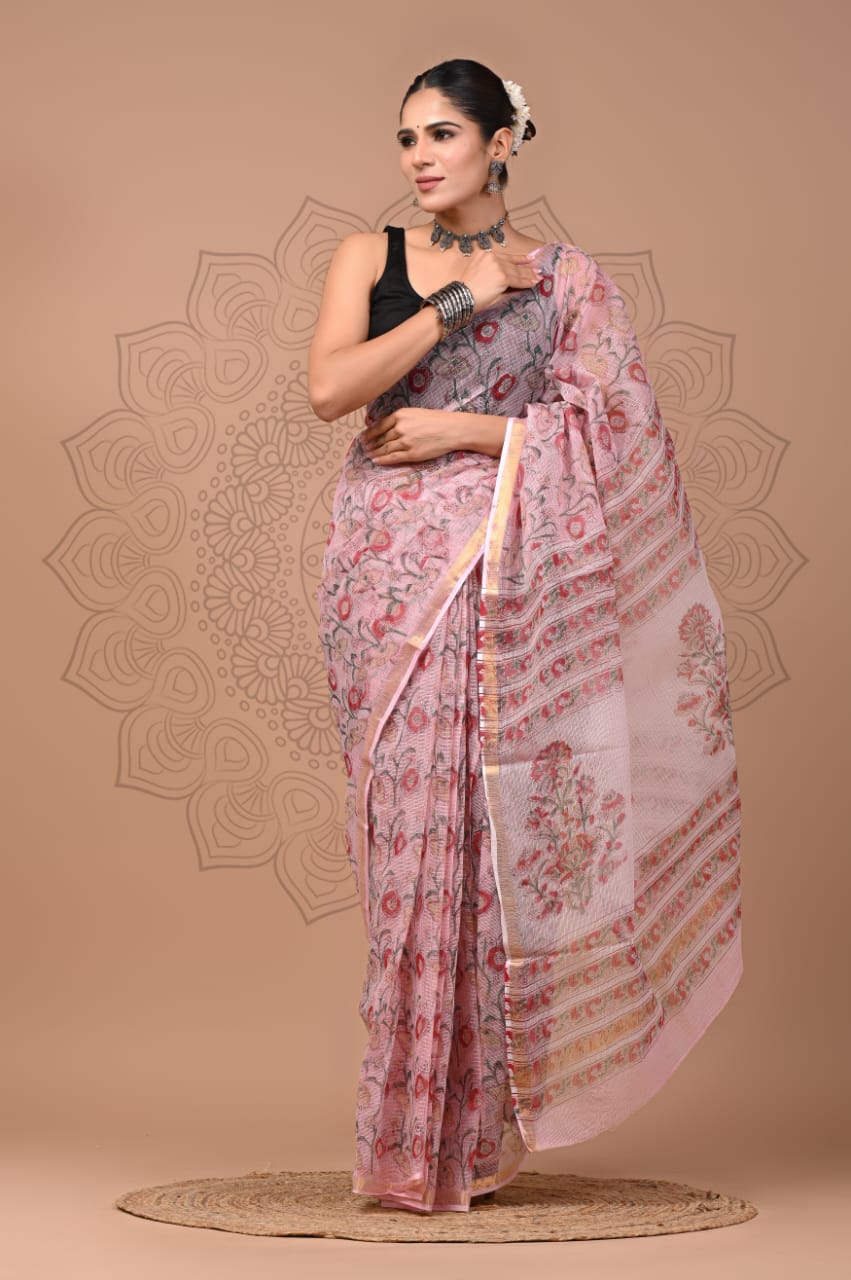 Pure Kota Doria Saree (5.5 Mtr) With Unstiched Blouse Piece (80 CM)