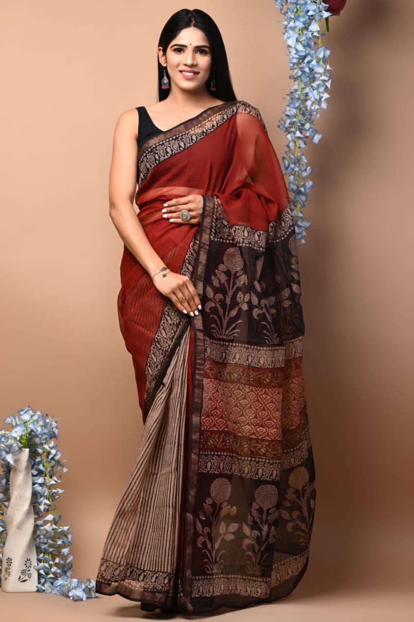 Pure Kota Doria Saree (5.5 Mtr) With Unstiched Blouse Piece (80 CM)