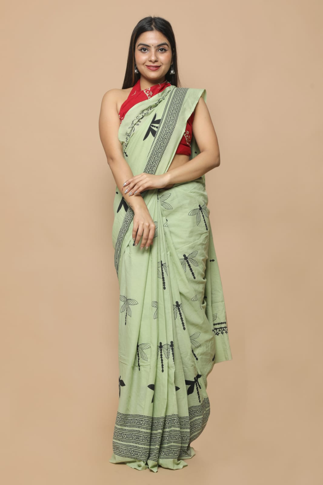 HAND PRINTED MULMUL COTTON SAREE (5.5 Mtr) WITH UNSTICHED BLOUSE PIECE (90Cm)