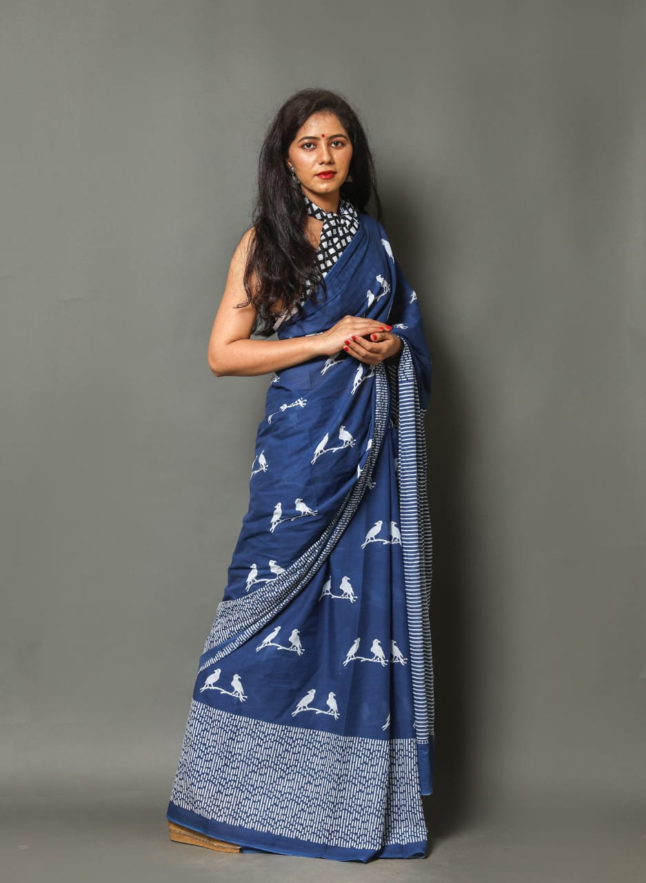 HAND PRINTED MULMUL COTTON SAREE (5.5 Mtr) WITH UNSTICHED BLOUSE PIECE (90Cm)