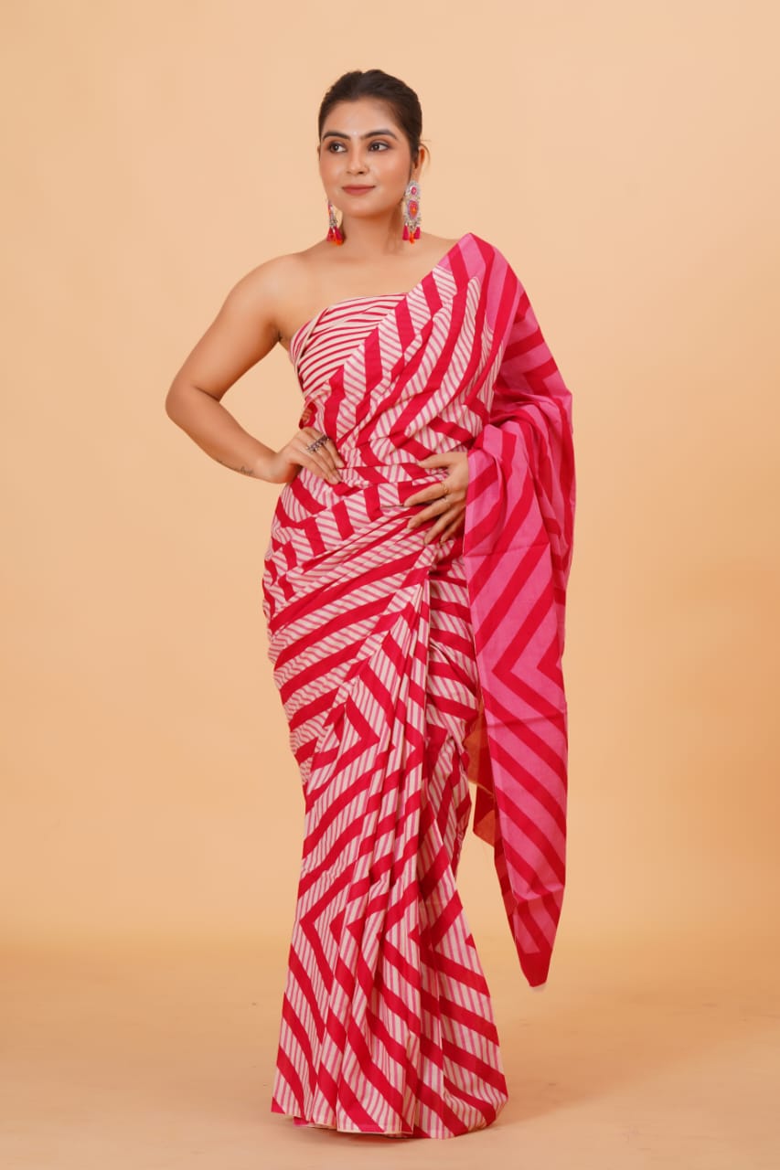 HAND PRINTED MULMUL COTTON SAREE (5.5 Mtr) WITH UNSTICHED BLOUSE PIECE (90Cm)