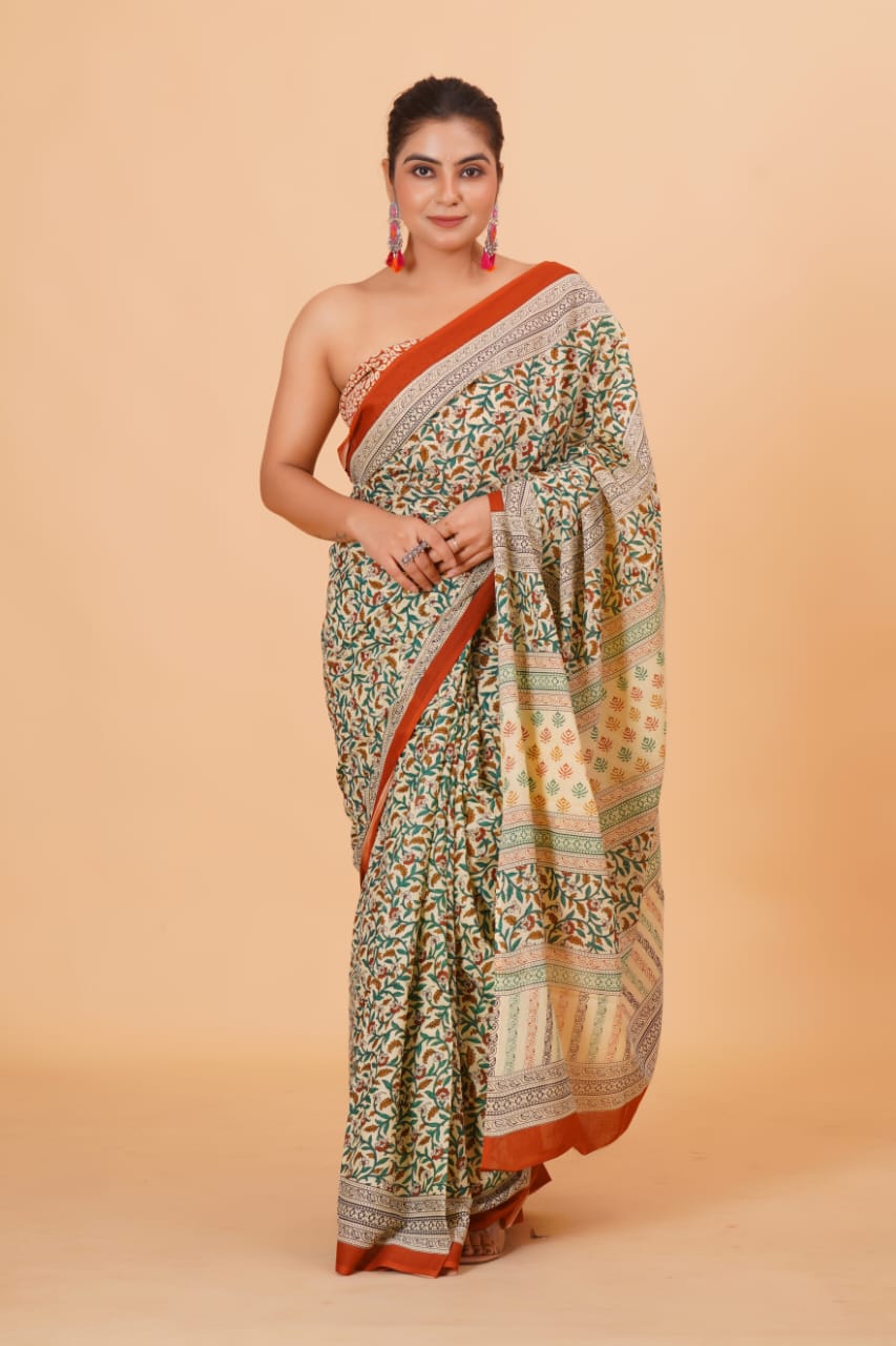 HAND PRINTED MULMUL COTTON SAREE (5.5 Mtr) WITH UNSTICHED BLOUSE PIECE (90Cm)