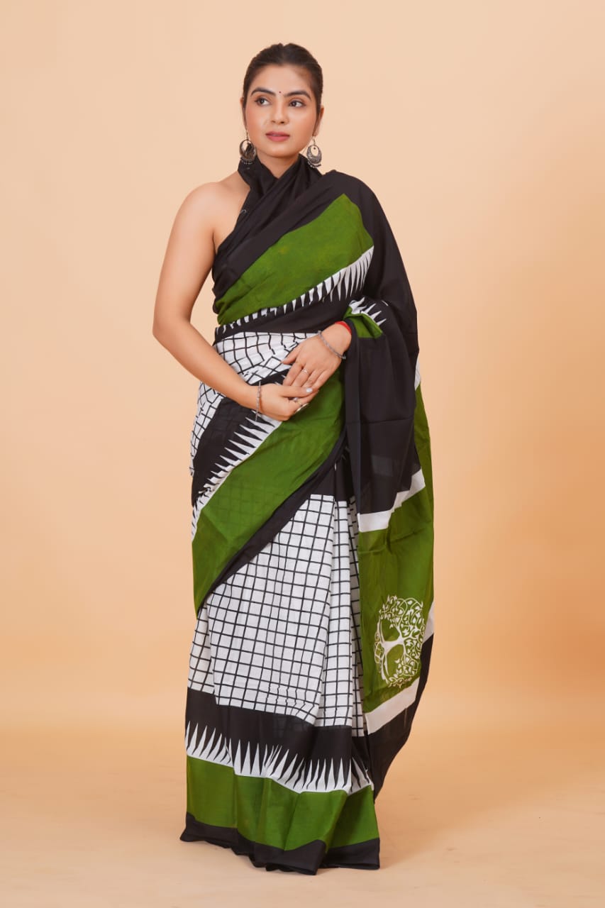 HAND PRINTED MULMUL COTTON SAREE (5.5 Mtr) WITH UNSTICHED BLOUSE PIECE (90Cm)