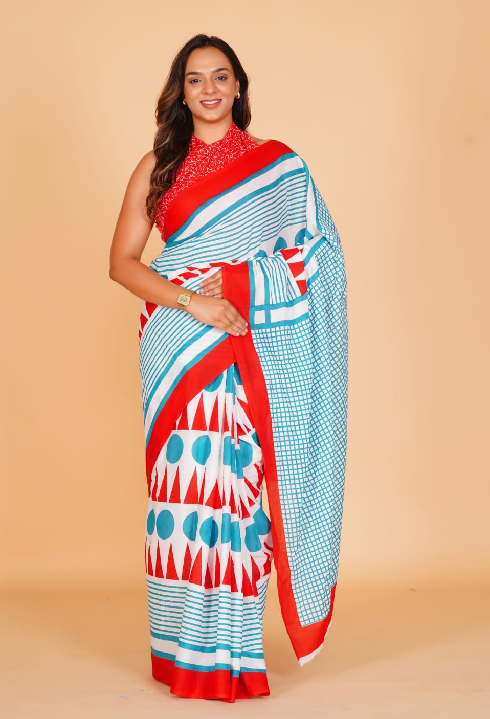 HAND PRINTED MULMUL COTTON SAREE (5.5 Mtr) WITH UNSTICHED BLOUSE PIECE (90Cm)