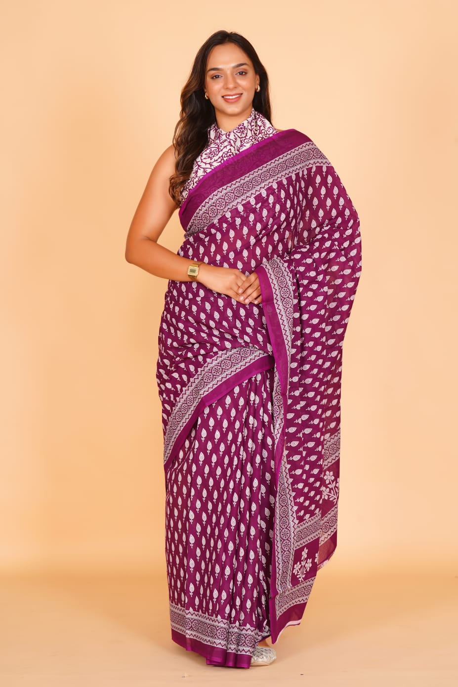 HAND PRINTED MULMUL COTTON SAREE (5.5 Mtr) WITH UNSTICHED BLOUSE PIECE (90Cm)