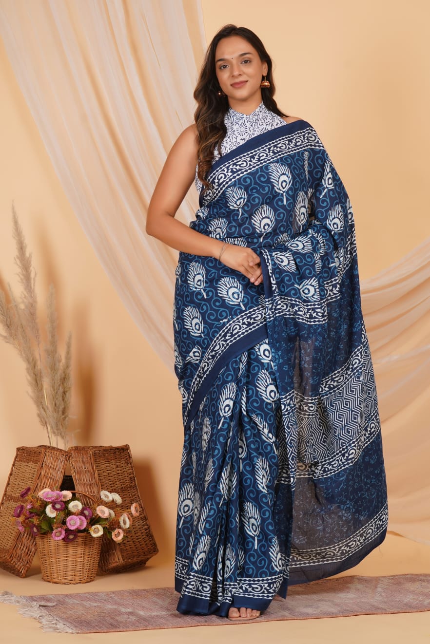 HAND PRINTED MULMUL COTTON SAREE (5.5 Mtr) WITH UNSTICHED BLOUSE PIECE (90 Cm)