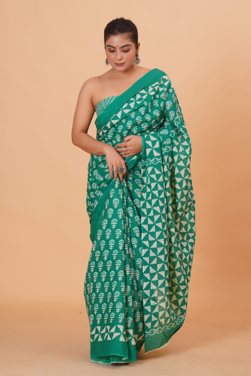 HAND PRINTED MULMUL COTTON SAREE (5.5 Mtr) WITH UNSTICHED BLOUSE PIECE (90 Cm)