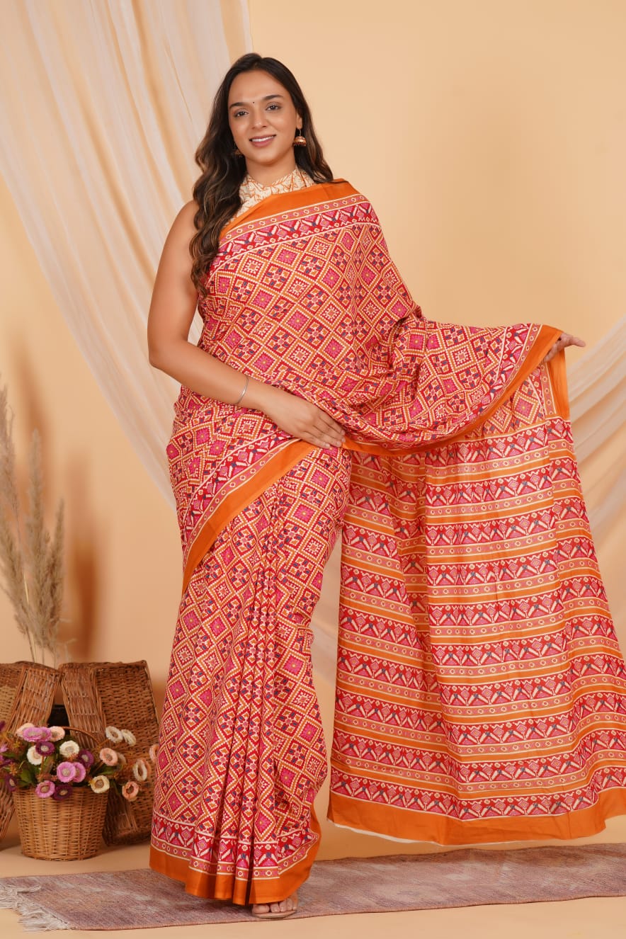 HAND PRINTED MULMUL COTTON SAREE (5.5 Mtr) WITH UNSTICHED BLOUSE PIECE (90 Cm)