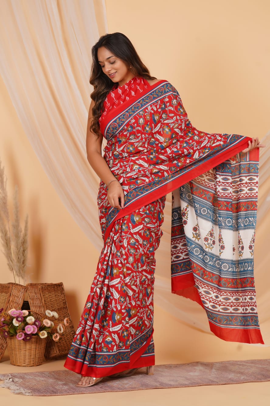 HAND PRINTED MULMUL COTTON SAREE (5.5 Mtr) WITH UNSTICHED BLOUSE PIECE (90 Cm)