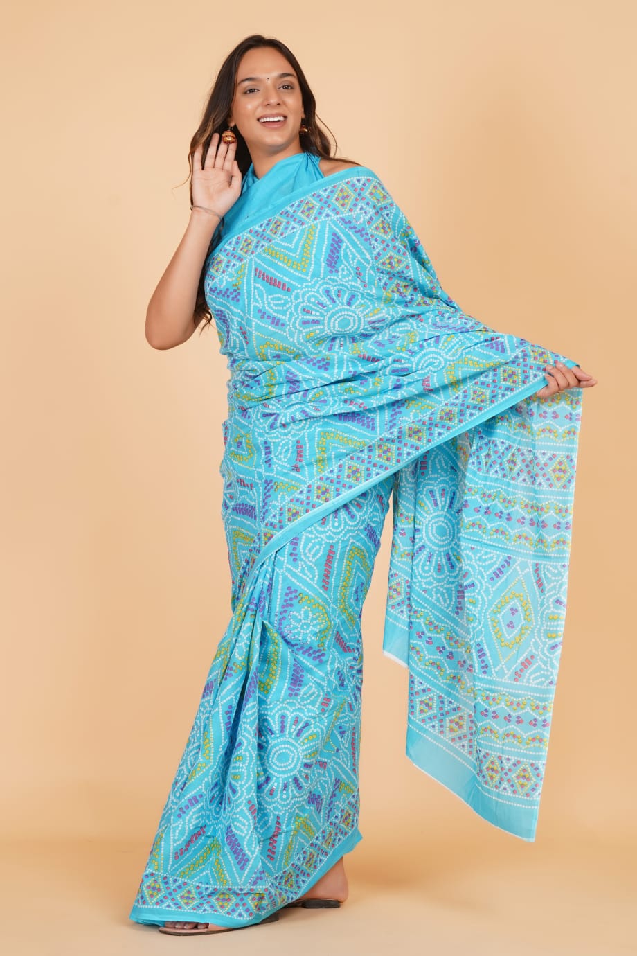 HAND PRINTED MULMUL COTTON SAREE (5.5 Mtr) WITH UNSTICHED BLOUSE PIECE (90 Cm)