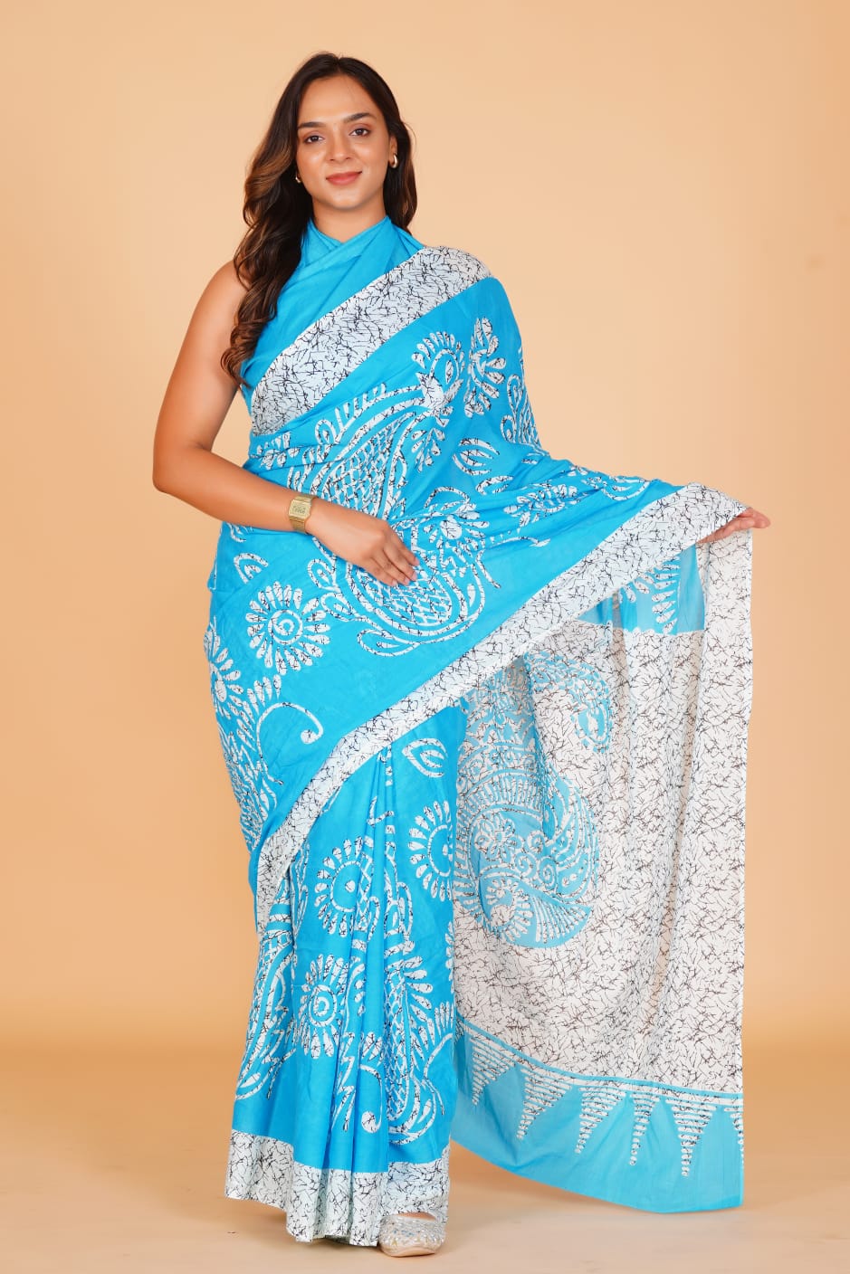 HAND PRINTED MULMUL COTTON SAREE (5.5 Mtr) WITH UNSTICHED BLOUSE PIECE (90 Cm)