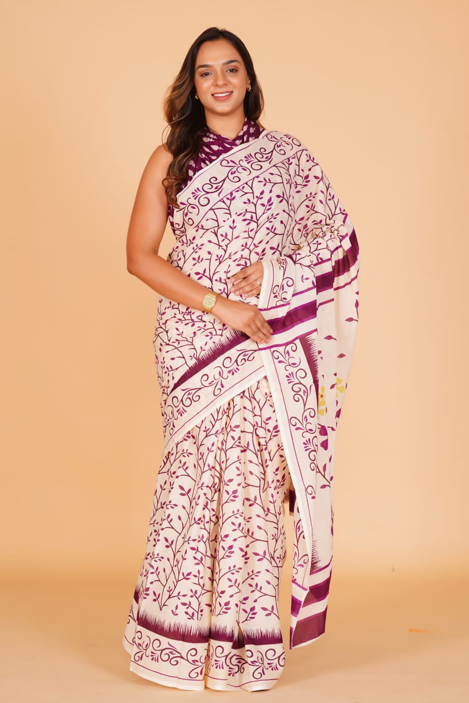HAND PRINTED MULMUL COTTON SAREE (5.5 Mtr) WITH UNSTICHED BLOUSE PIECE (90 Cm)