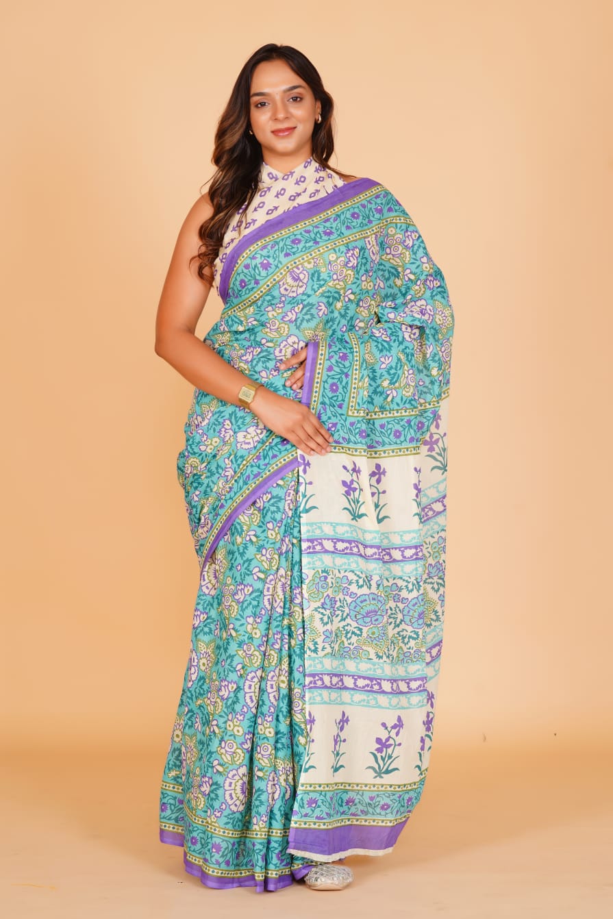 HAND PRINTED MULMUL COTTON SAREE (5.5 Mtr) WITH UNSTICHED BLOUSE PIECE (90 Cm)