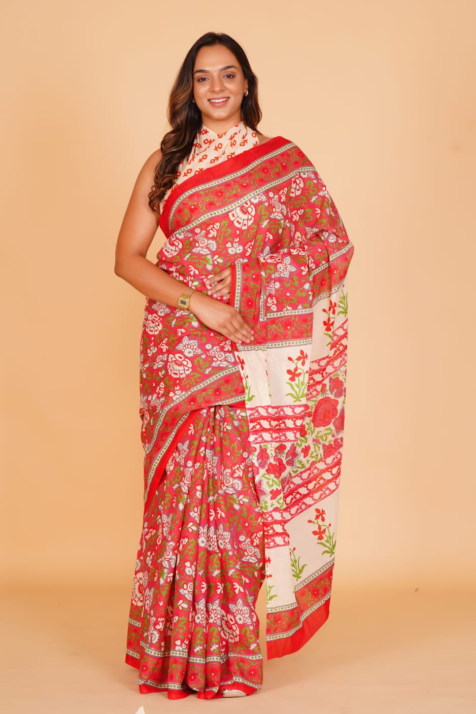 HAND PRINTED MULMUL COTTON SAREE (5.5 Mtr) WITH UNSTICHED BLOUSE PIECE (90 Cm)