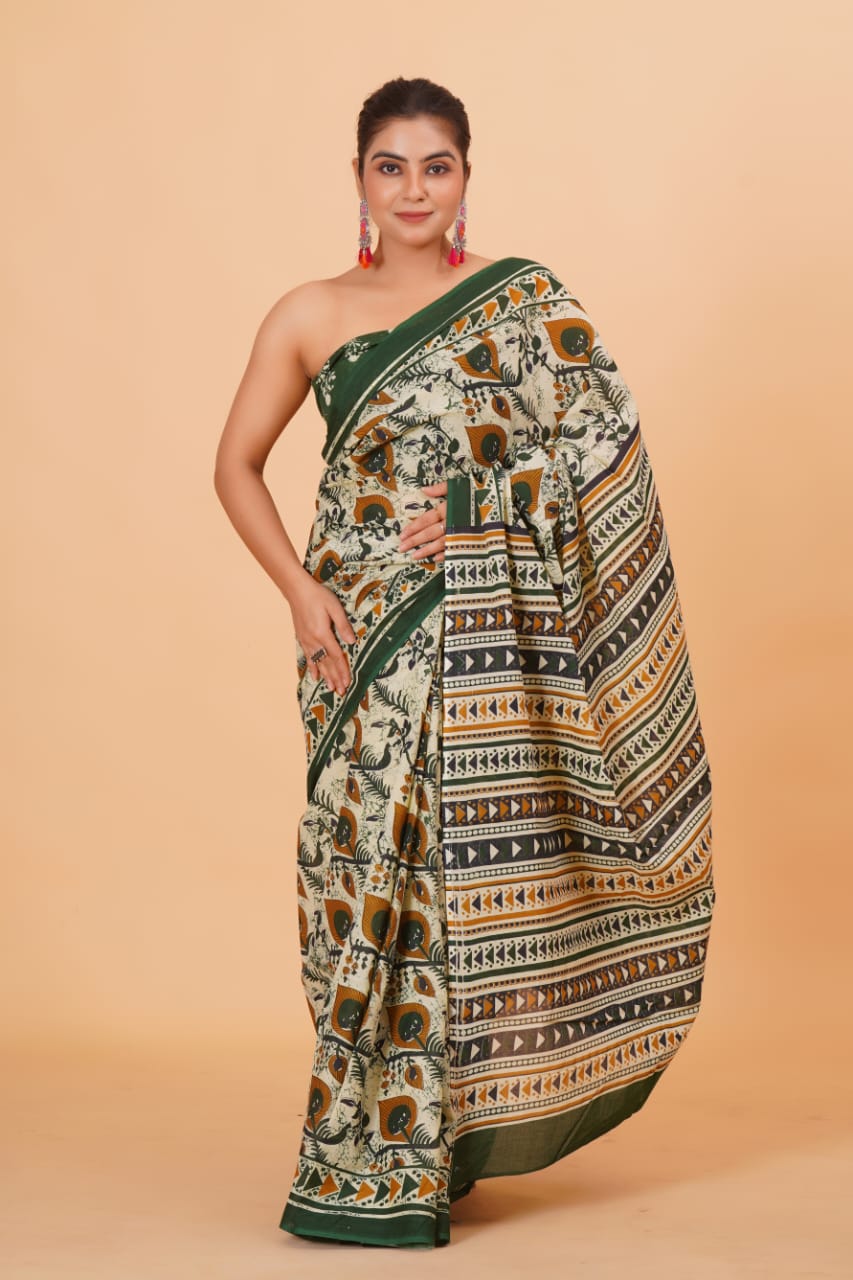HAND PRINTED MULMUL COTTON SAREE (5.5 Mtr) WITH UNSTICHED BLOUSE PIECE (90 Cm)