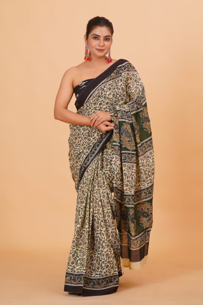 HAND PRINTED MULMUL COTTON SAREE (5.5 Mtr) WITH UNSTICHED BLOUSE PIECE (90 Cm)