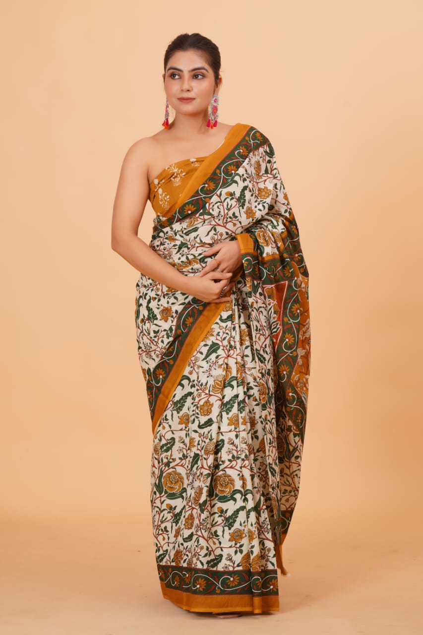 HAND PRINTED MULMUL COTTON SAREE (5.5 Mtr) WITH UNSTICHED BLOUSE PIECE (90 Cm)