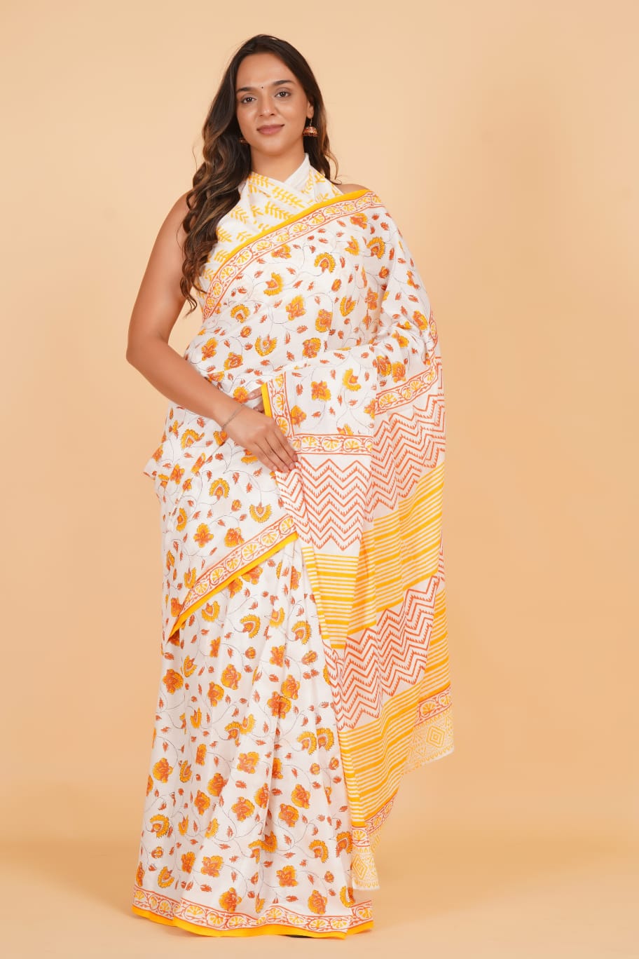 HAND PRINTED MULMUL COTTON SAREE (5.5 Mtr) WITH UNSTICHED BLOUSE PIECE (90 Cm)