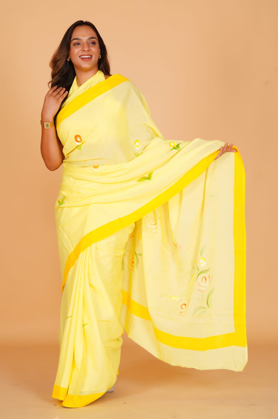 HAND PRINTED COTTON SAREE (5.5 Mtr) WITH UNSTICHED BLOUSE PIECE (90CM)
