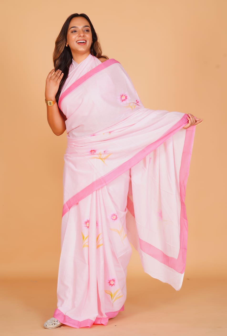 HAND PRINTED COTTON SAREE (5.5 Mtr) WITH UNSTICHED BLOUSE PIECE (90CM)