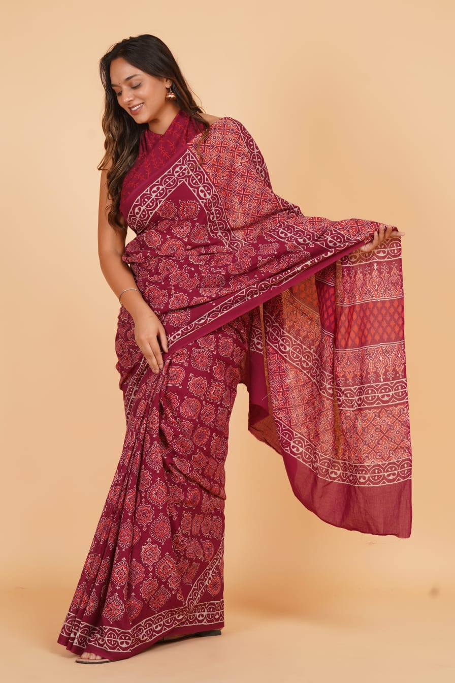 HAND BLOCK PRINTED COTTON SAREE (5.5 Mtr) WITH UNSTICHED BLOUSE PIECE (90CM)