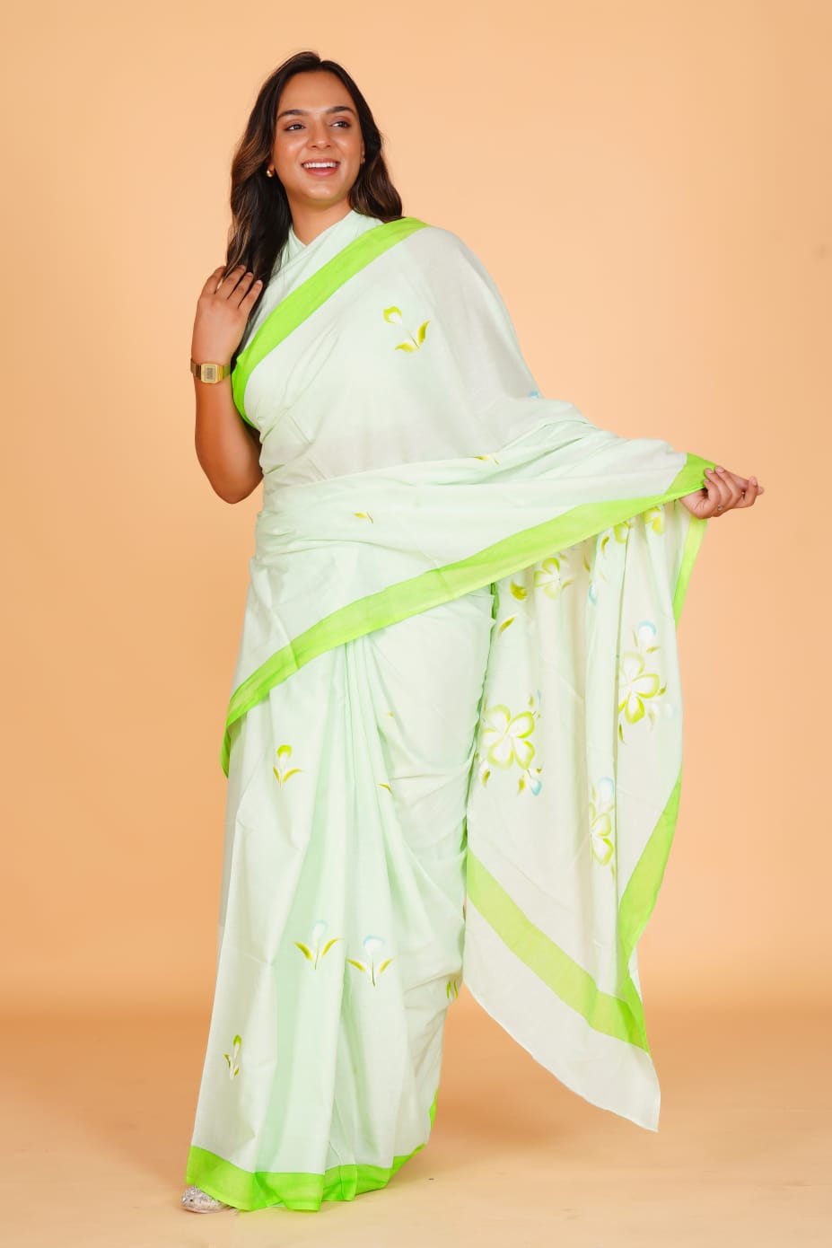 HAND PRINTED COTTON SAREE (5.5 Mtr) WITH UNSTICHED BLOUSE PIECE (90CM)