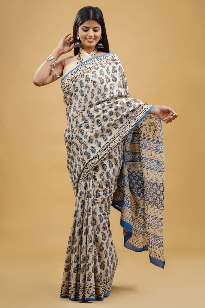 HAND BLOCK PRINTED COTTON SAREE (5.5 Mtr) WITH UNSTICHED BLOUSE PIECE (90CM)