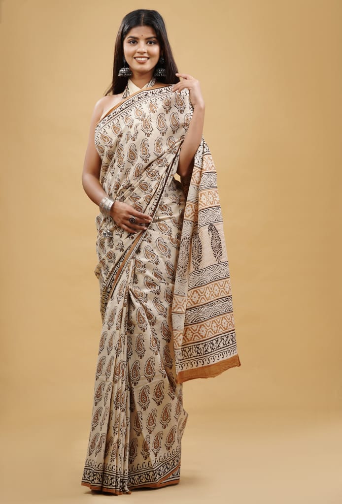 HAND BLOCK PRINTED COTTON SAREE (5.5 Mtr) WITH UNSTICHED BLOUSE PIECE (90CM)