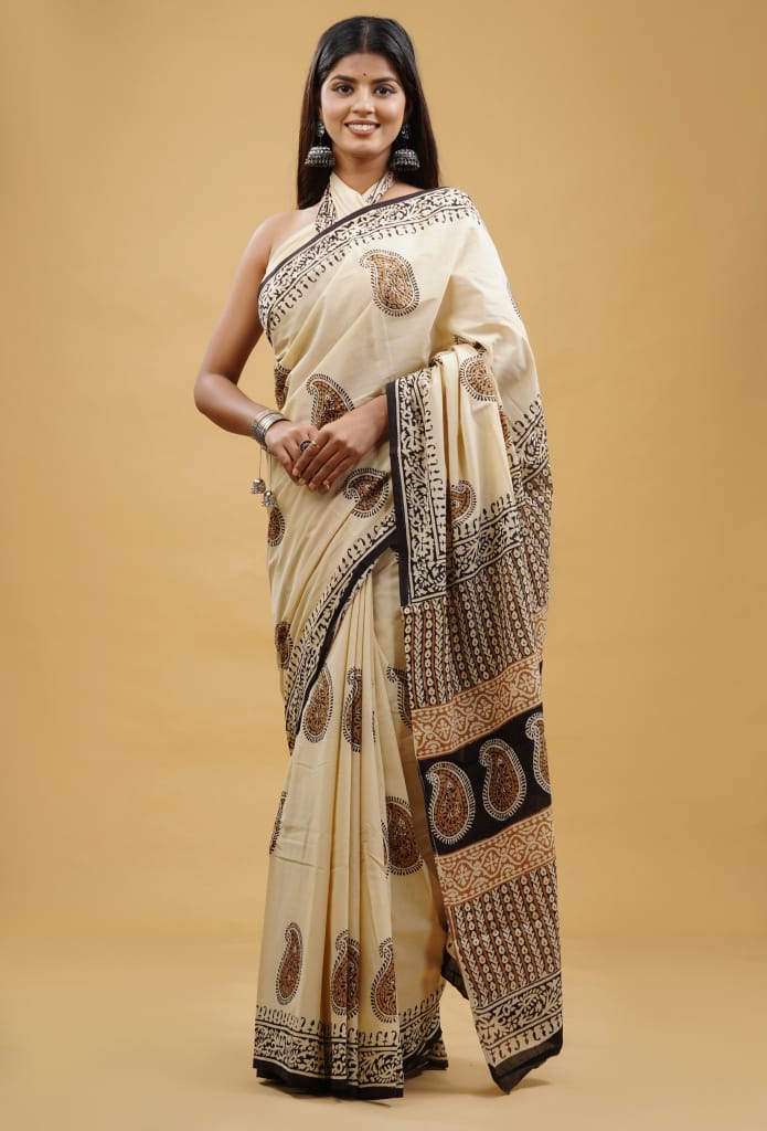 HAND BLOCK PRINTED COTTON SAREE (5.5 Mtr) WITH UNSTICHED BLOUSE PIECE (90CM)