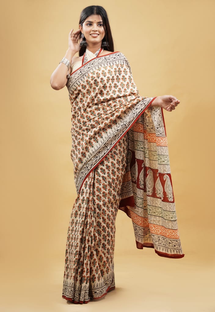 HAND BLOCK PRINTED COTTON SAREE (5.5 Mtr) WITH UNSTICHED BLOUSE PIECE (90CM)