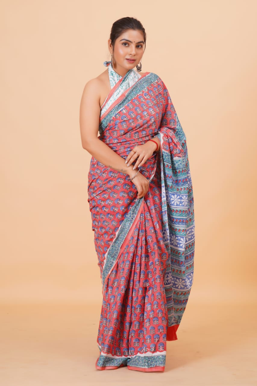 HAND BLOCK PRINTED COTTON SAREE (5.5 Mtr) WITH UNSTICHED BLOUSE PIECE (90CM)