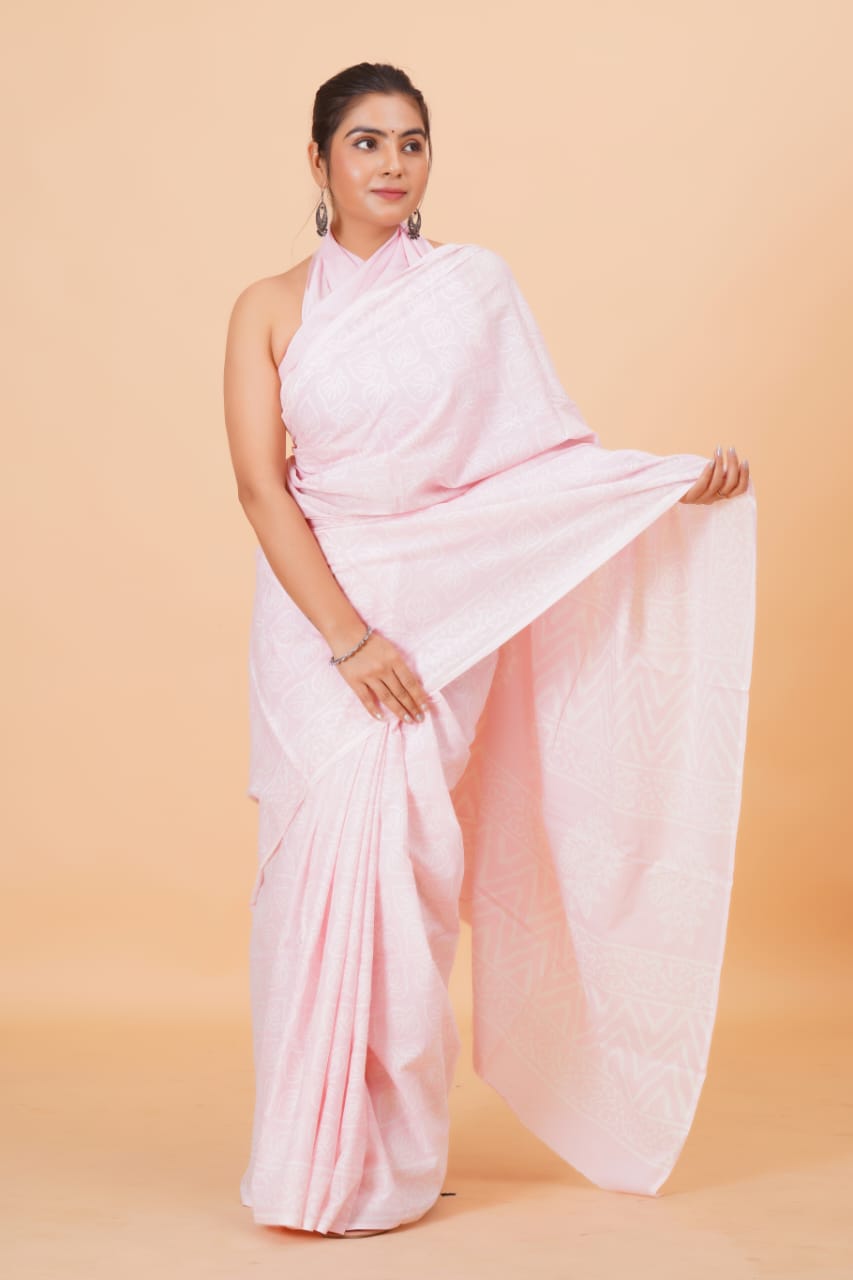 HAND BLOCK PRINTED COTTON SAREE (5.5 Mtr) WITH UNSTICHED BLOUSE PIECE (90CM)