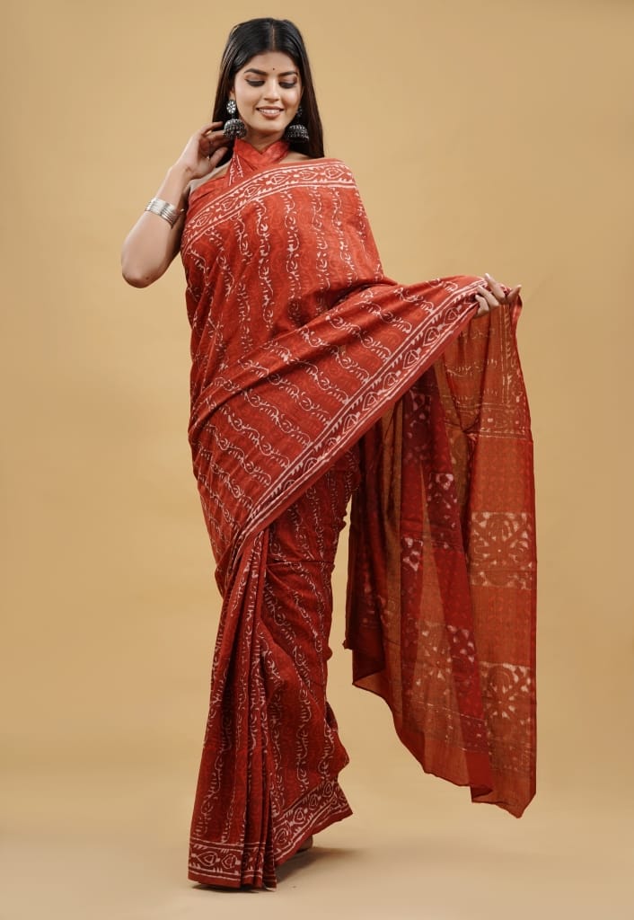 HAND BLOCK PRINTED COTTON SAREE (5.5 Mtr) WITH UNSTICHED BLOUSE PIECE (90CM)