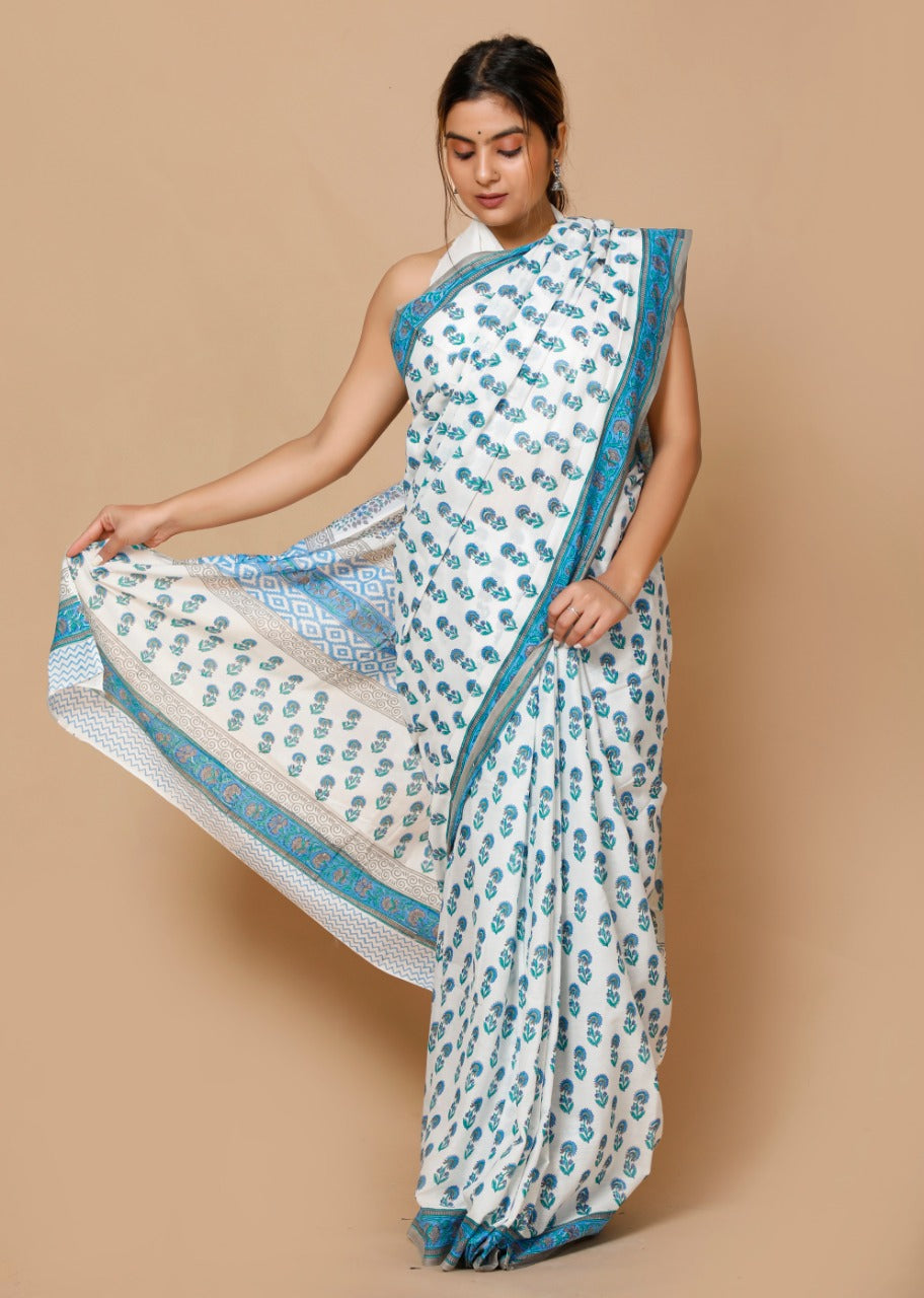 HAND BLOCK PRINTED COTTON SAREE (5.5 Mtr) WITH UNSTICHED BLOUSE PIECE (90CM)