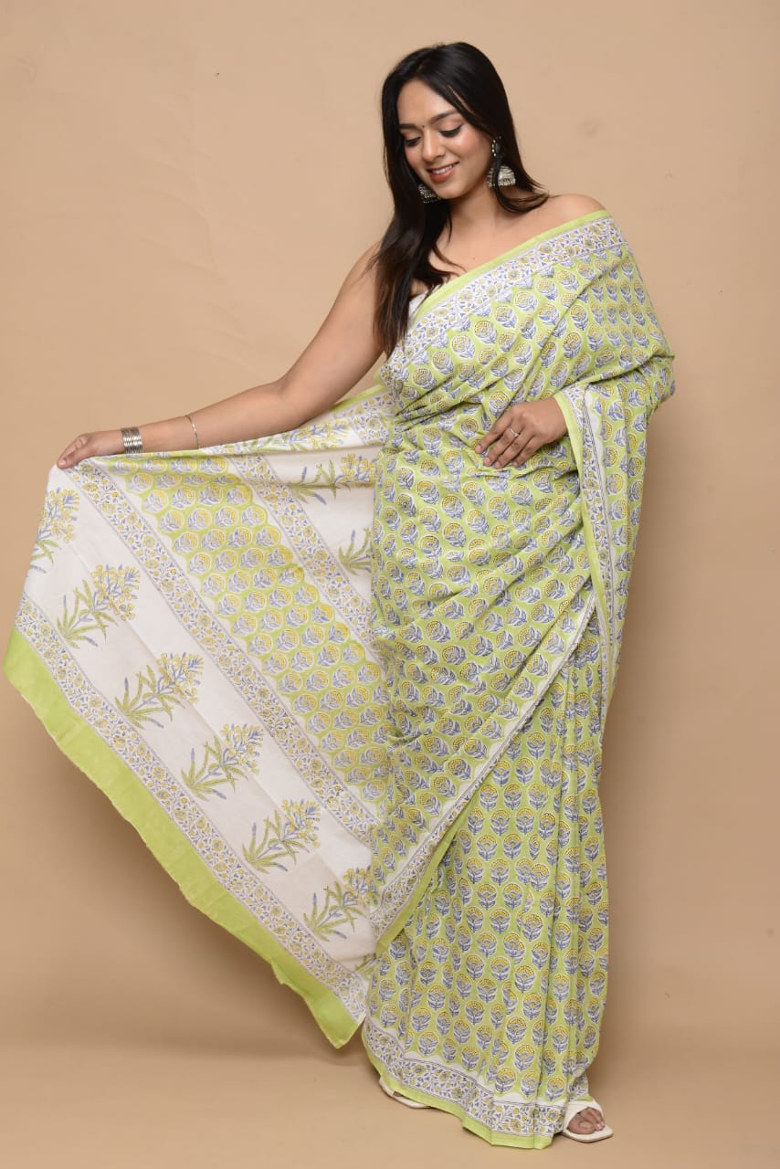 HAND BLOCK PRINTED COTTON SAREE (5.5 Mtr) WITH UNSTICHED BLOUSE PIECE (90CM)