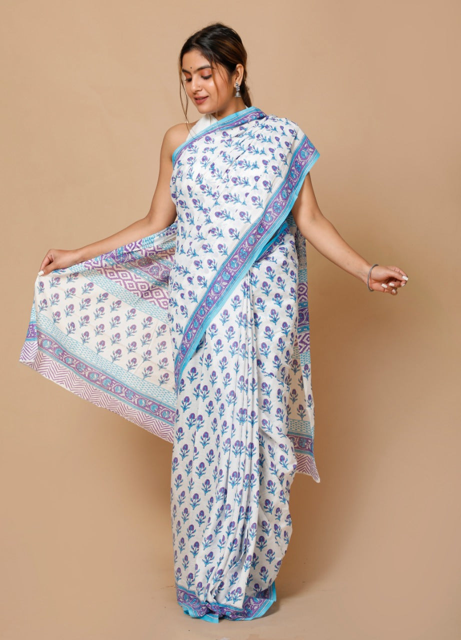 HAND BLOCK PRINTED COTTON SAREE (5.5 Mtr) WITH UNSTICHED BLOUSE PIECE (90CM)