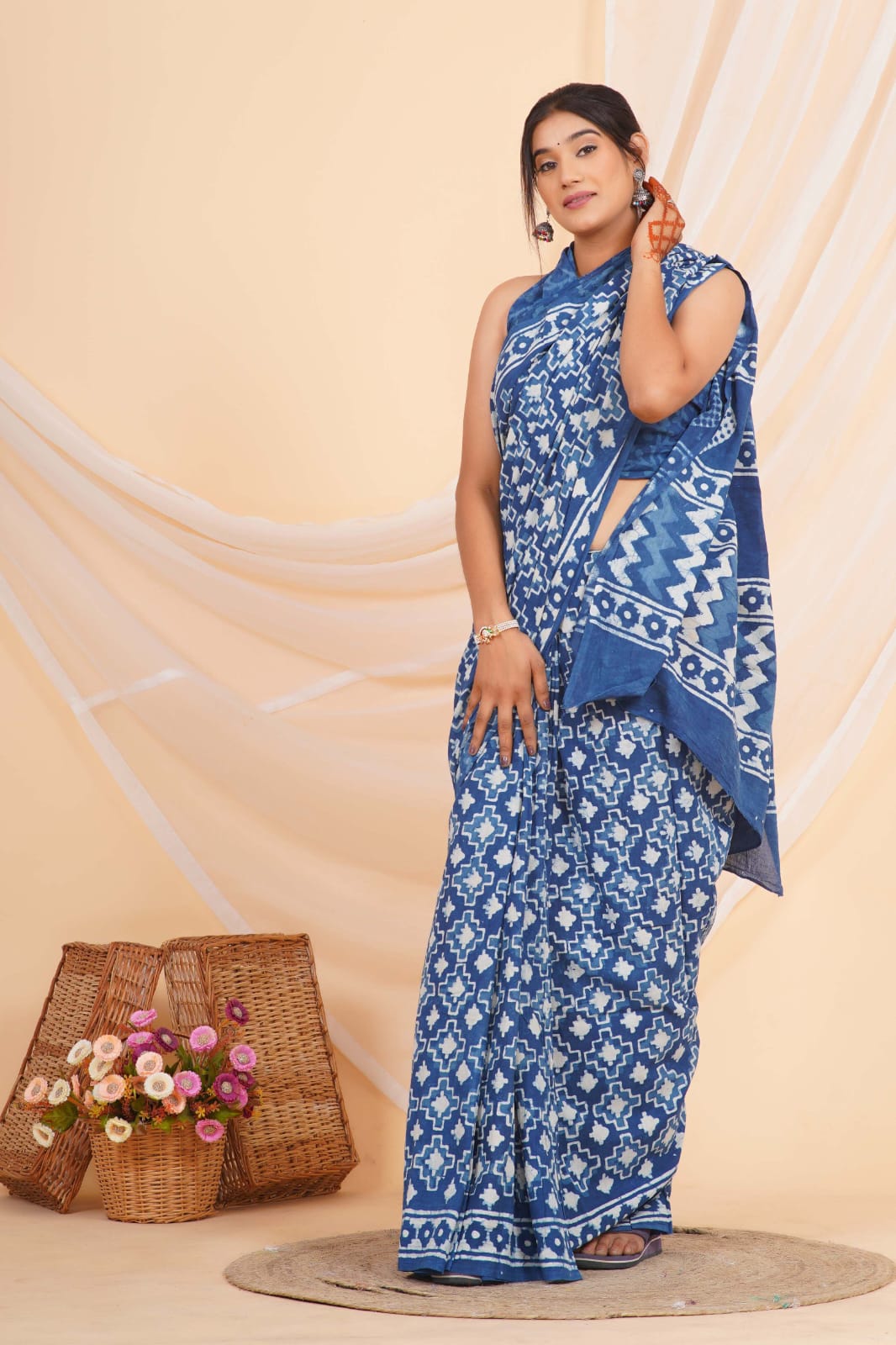 HAND BLOCK PRINTED COTTON SAREE (5.5 Mtr) WITH UNSTICHED BLOUSE PIECE (90CM)