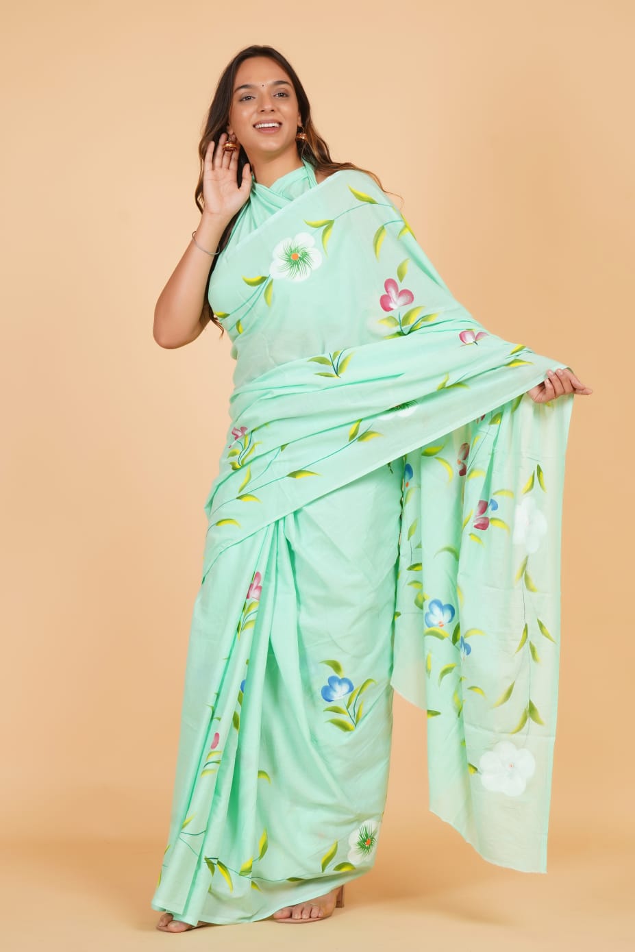 HAND PRINTED COTTON SAREE (5.5 Mtr) WITH UNSTICHED BLOUSE PIECE (90CM)