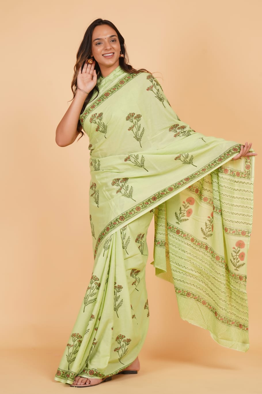 HAND BLOCK PRINTED COTTON SAREE (5.5 Mtr) WITH UNSTICHED BLOUSE PIECE (90CM)