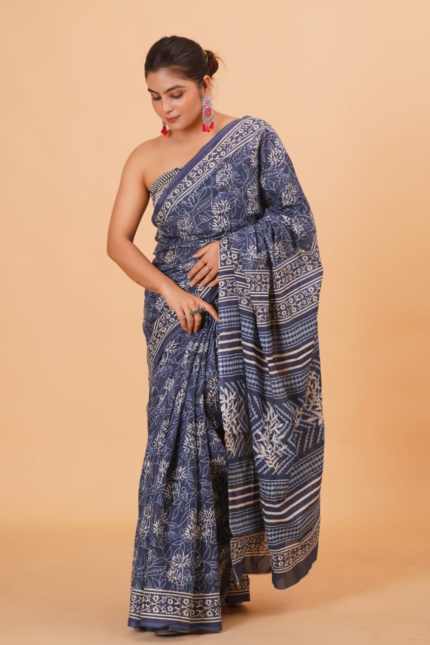 HAND BLOCK PRINTED COTTON SAREE (5.5 Mtr) WITH UNSTICHED BLOUSE PIECE (90CM)