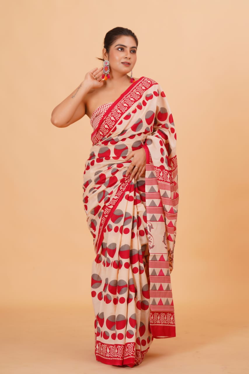 HAND BLOCK PRINTED COTTON SAREE (5.5 Mtr) WITH UNSTICHED BLOUSE PIECE (90CM)