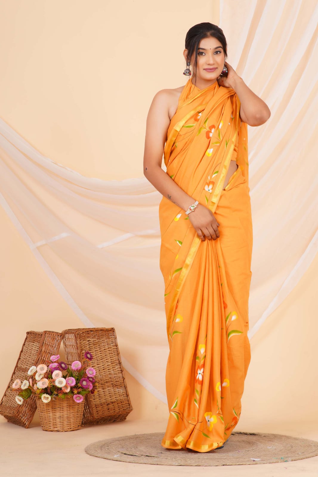 (JARI BORDER) PURE COTTON SAREE (5.5 Mtr) WITH UNSTICHED BLOUSE PIECE (90CM)