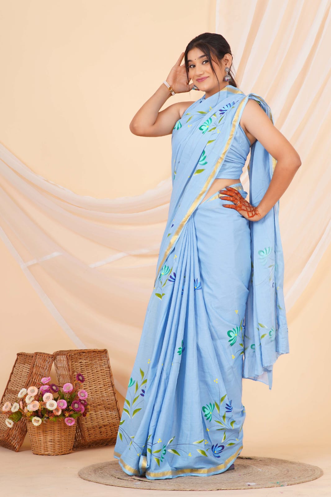 (JARI BORDER) PURE COTTON SAREE (5.5 Mtr) WITH UNSTICHED BLOUSE PIECE (90CM)