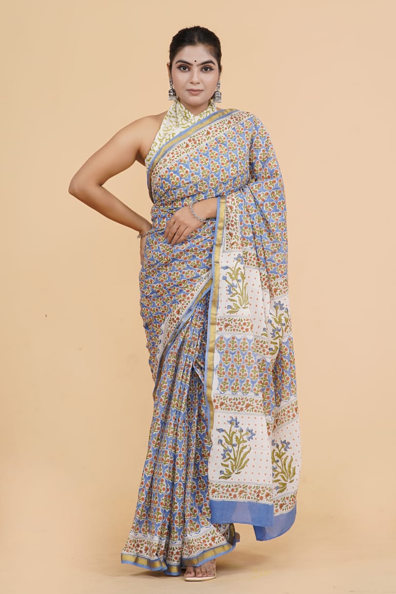 (JARI BORDER) PURE COTTON SAREE (5.5 Mtr) WITH UNSTICHED BLOUSE PIECE (90CM)
